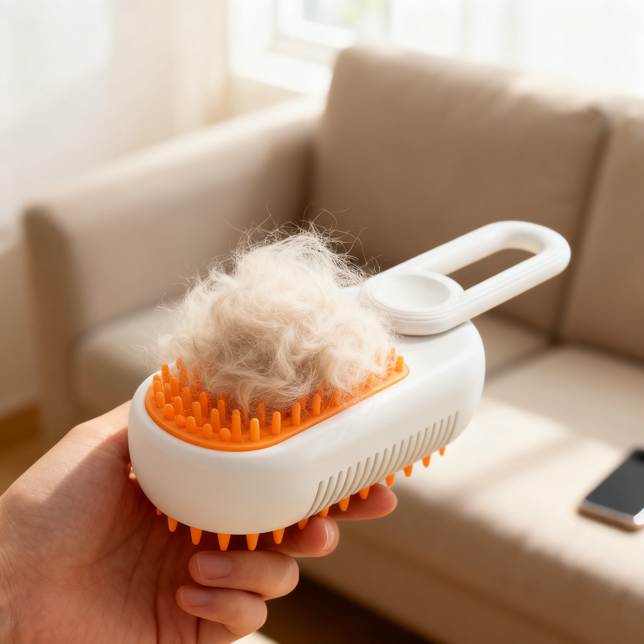 Loose fur lifted onto the steam brush bristles in one pass