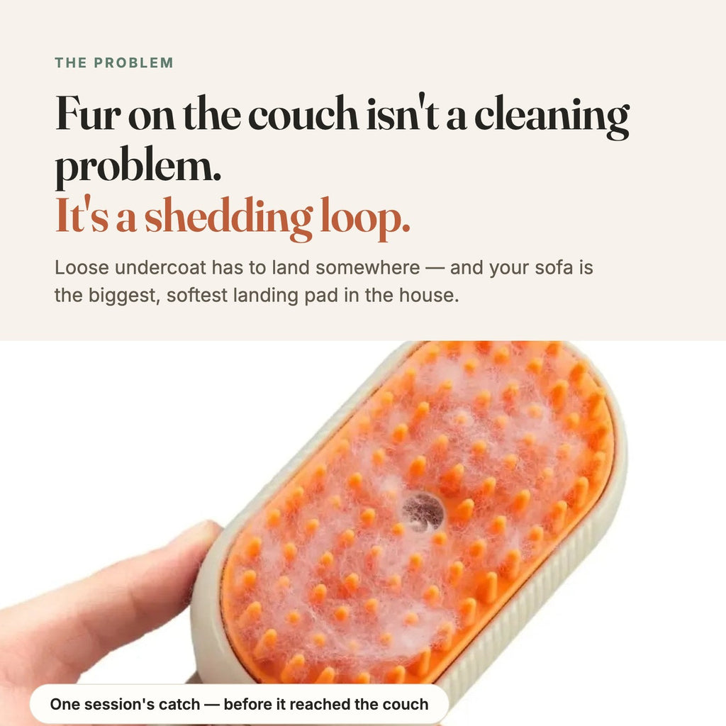 Story card: fur on the couch is a shedding loop — loose fur caught on the steam brush before it reached the couch