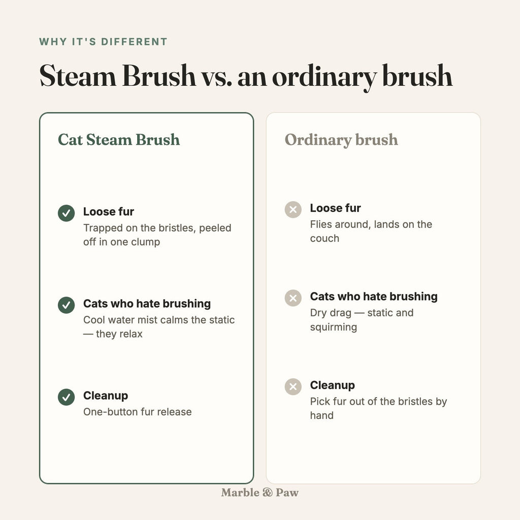 Comparison card: Cat Steam Brush vs an ordinary brush — fur trapped on bristles, mist calms static, one-button cleanup