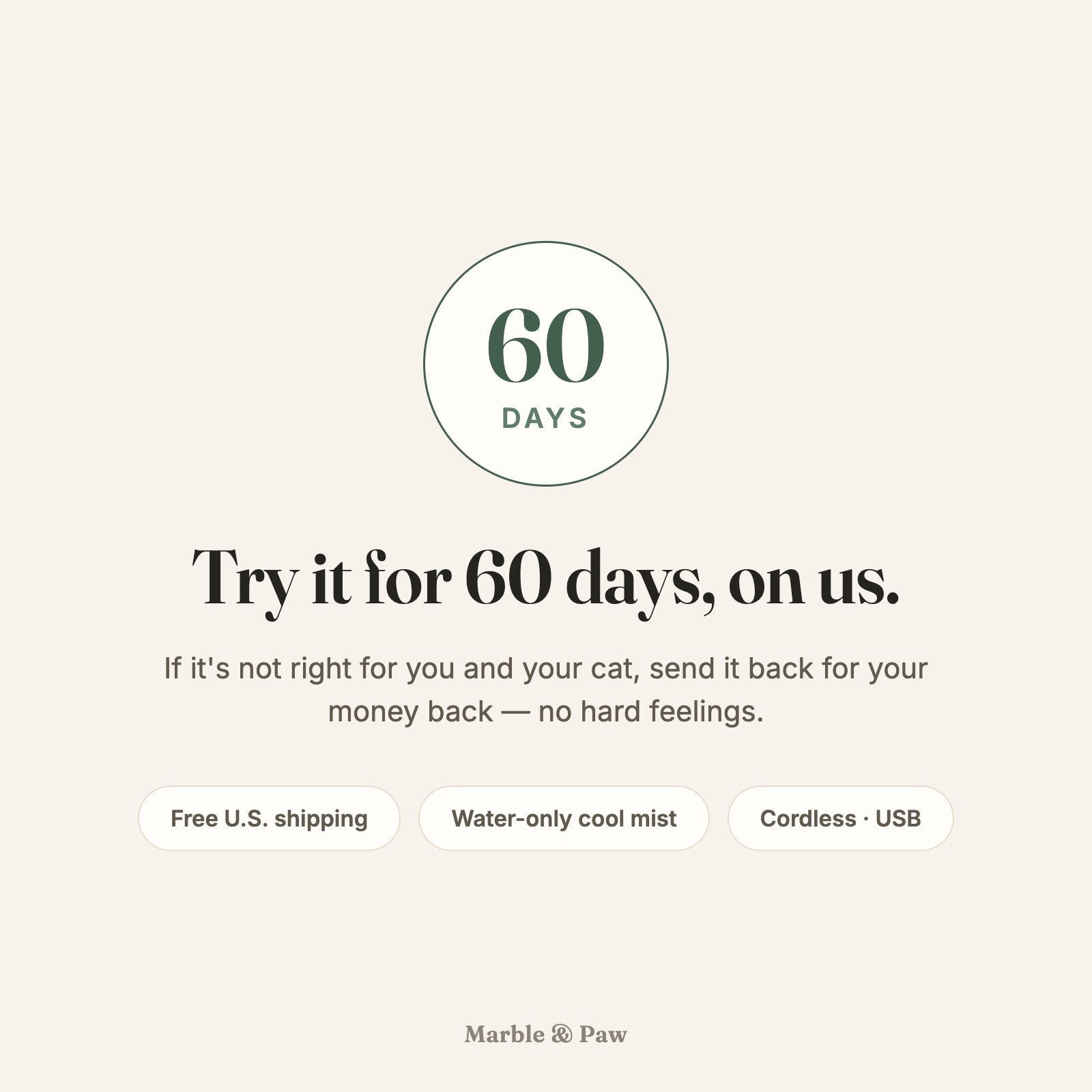 Guarantee card: try it for 60 days on us — 60-day money-back guarantee, free U.S. shipping, water-only cool mist, cordless USB