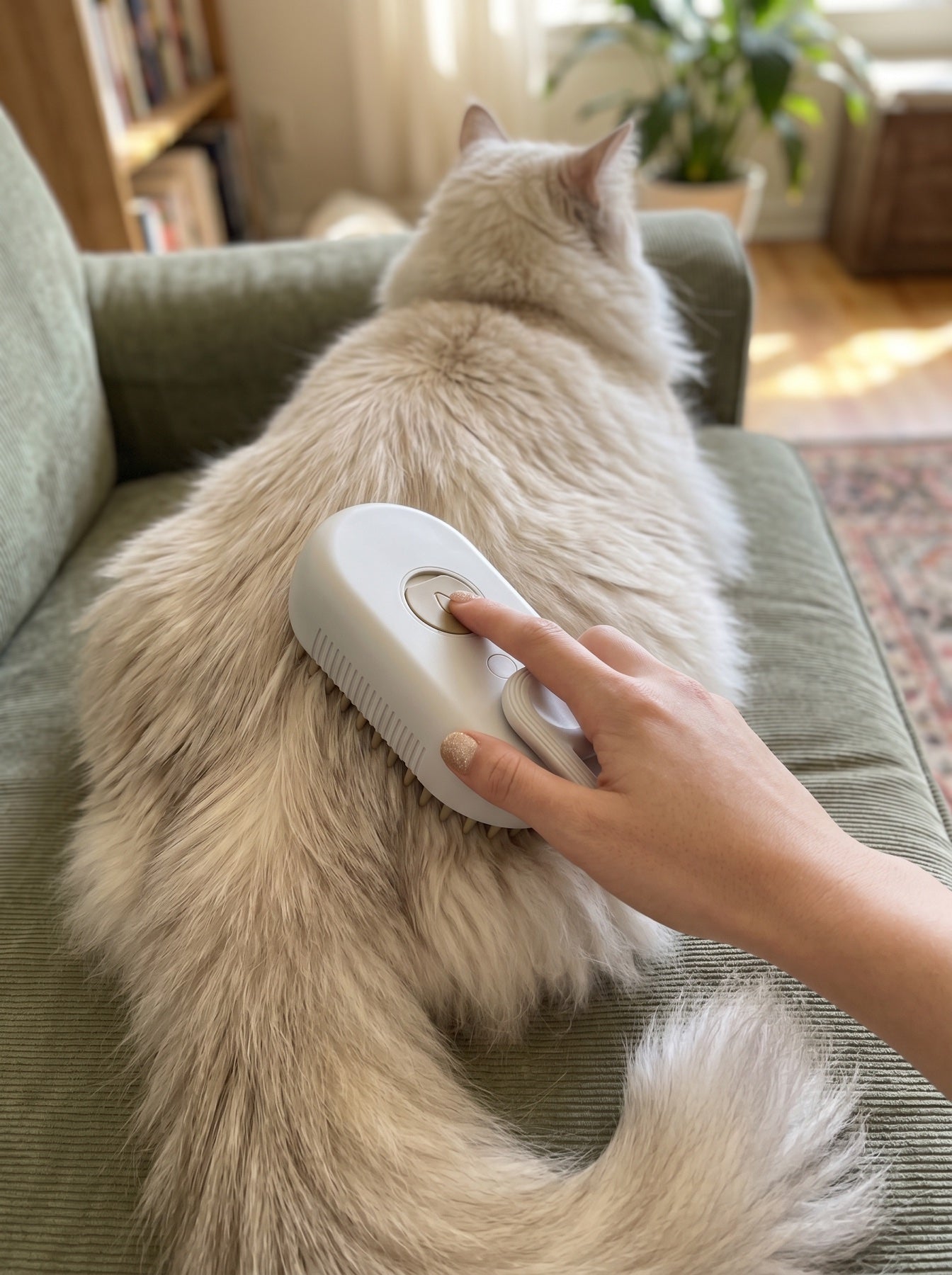 A hand grooming a relaxed cream long-haired cat on the sofa with the white cat steam brush